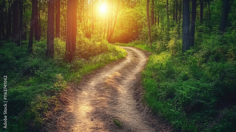 Fototapeta premium Winding Path Through Lush Forest at Golden Hour
