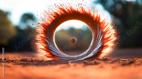 Clay ball impacting ground, creating vibrant circular splash. photo