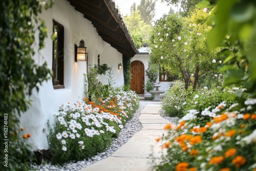 A pathway between two ivy-covered walls, leading to a hidden courtyard filled with flowers and fountains