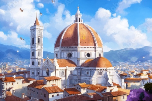 A pixel art depiction of Florence Duomo, with tiny, colorful details of the dome and surrounding cityscape photo