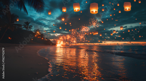 Lanterns and fireworks over tropical beach
