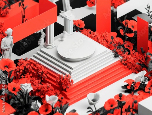 Digital artwork with abstract design, vibrant colors, central white architectural elements, red background with geometric shapes and scattered floral elements, contemporary style w - Generative AI photo