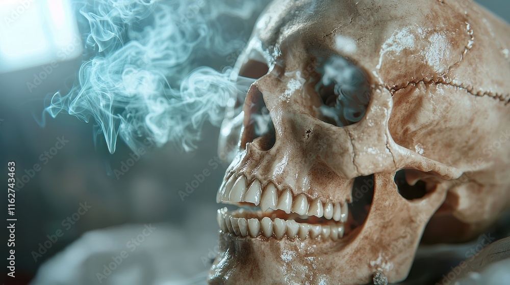 A close-up of a human skull with wisps of smoke, evoking a mysterious and eerie atmosphere. A close-up of a human skull with wisps of smoke, evoking a mysterious and eerie atmosphere.