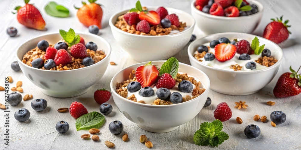 Night Photography - Bowls of Granola with Berries and Yogurt on White Background, Healthy Breakfast, Delicious Snack, Nutrient-Rich, Fresh Ingredients, Food Photography, Culinary Art, Vibrant Colors Night Photography - Bowls of Granola with Berries and Yogurt on White Background, Healthy Breakfast, Delicious Snack, Nutrient-Rich, Fresh Ingredients, Food Photography, Culinary Art, Vibrant Colors