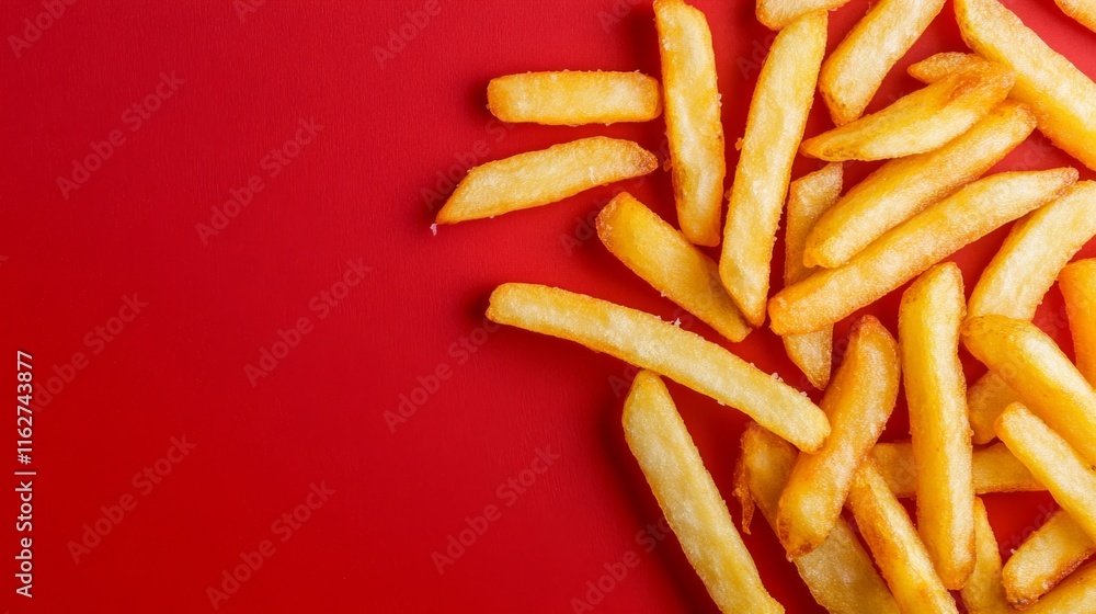 Colorful Display of Crispy French Fries on Red Surface Colorful Display of Crispy French Fries on Red Surface