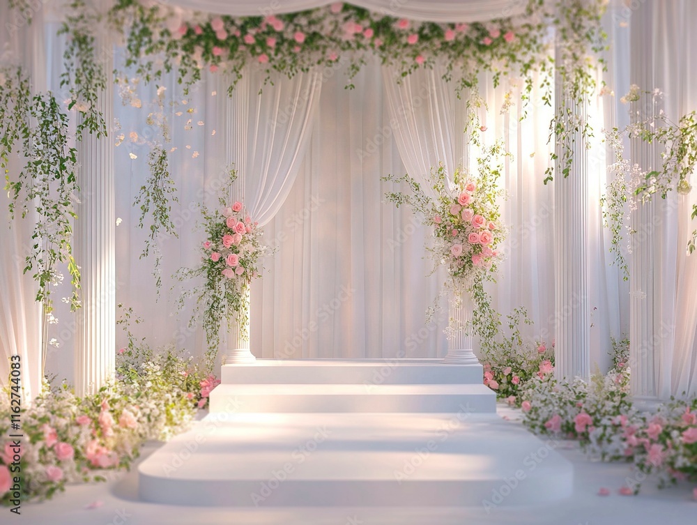 Fototapeta premium A romantic wedding aisle setting with a white carpet runner, flanked by lush greenery and pink roses The altar at the end is adorned with pink flowers Soft lighting creates an in - Generative AI