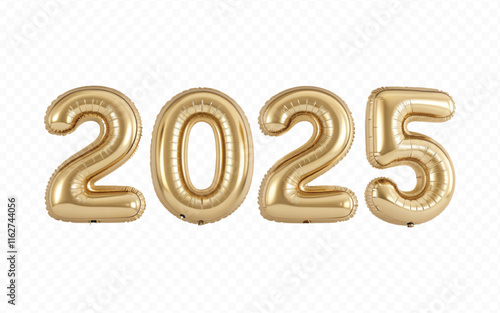 abstract 3d 2025 text  made with different golden colour hellium balloons isolated on white background