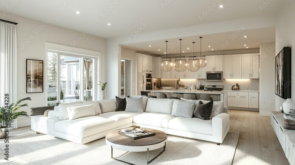 Fototapeta premium Bright living room with a white sofa. 