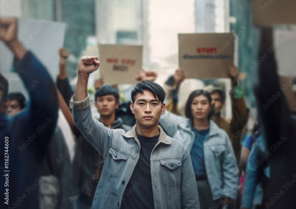 Obraz premium Group of asian people protesting in the street, holding placards and raising fists up. Immigrants riot against inequality and strict laws for refugees
