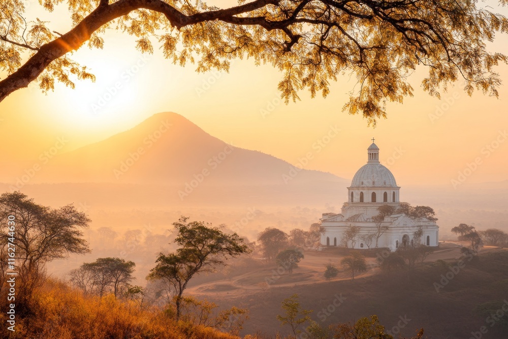 Obraz premium A scenic view of the Basilica of Our Lady of Peace in Yamoussoukro, with its grand dome reflecting the sunlight