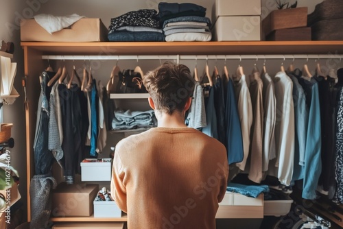Young male selecting clothing, browsing garments hanging neatly inside spacious closet during morning preparation