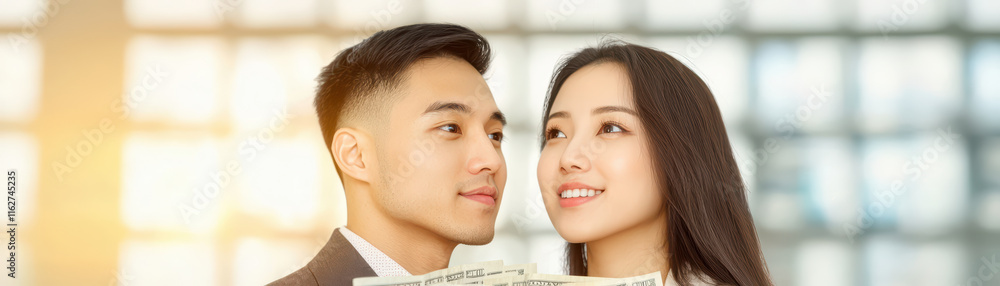 Exchanging currency notes, couple shares joyful moment tog er Exchanging currency notes, couple shares joyful moment tog er