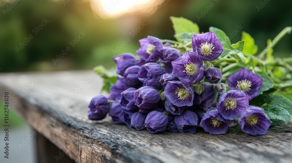 A beautiful bunch of purple flowers rests on a rustic wooden table, illuminated by warm sunlight, creating a serene and natural ambiance. A beautiful bunch of purple flowers rests on a rustic wooden table, illuminated by warm sunlight, creating a serene and natural ambiance.