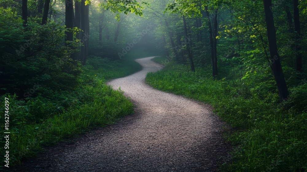 Fototapeta premium A serene winding path meanders through a misty forest, enveloped by vibrant greenery. The soft morning light filters through the trees, creating a tranquil atmosphere perfect for reflection