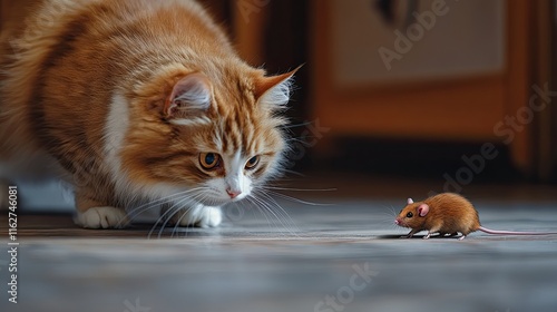 Fatty cat cathing a mouse inside a house. photo