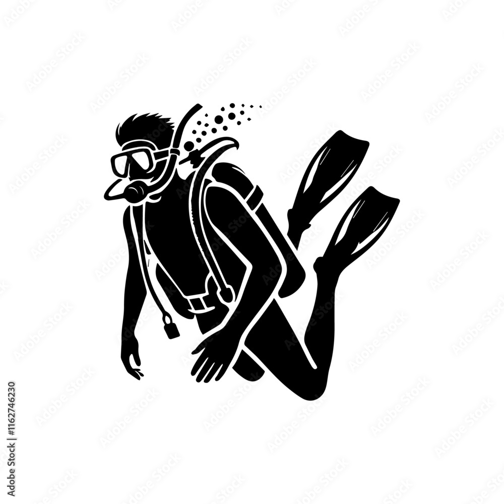 silhouette illustration of a scuba diver underwater, vector illustration silhouette illustration of a scuba diver underwater, vector illustration