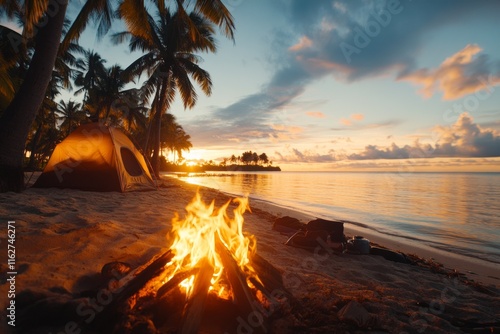 A small campfire on a desert island beach, with a makeshift tent and a castaway belongings nearby photo