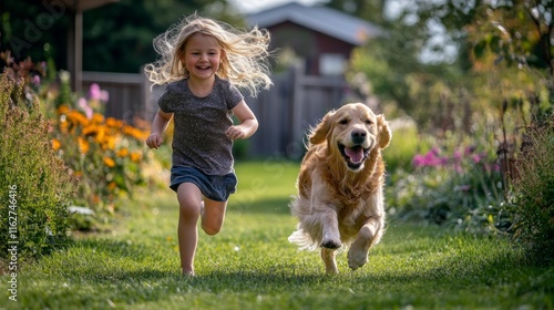 A young girl with blonde hair runs freely alongside a golden retriever in a lush garden filled with colorful flowers. The sun shines brightly, enhancing the playful atmosphere