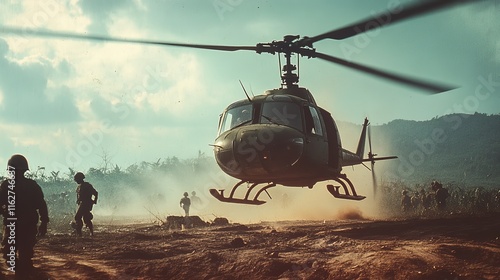 A military helicopter approaches the ground in a dusty area surrounded by soldiers preparing for action. The setting is remote with a rugged backdrop and an overcast sky photo