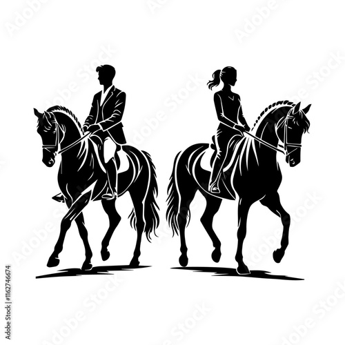 silhouettes of a man and a woman riding horses, vector illustration