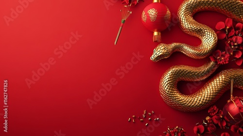 Golden snake surrounded by red flowers and traditional decorations