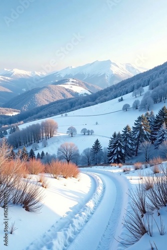 The rolling hills of Galashiels are covered in a blanket of fresh snow on a crisp winter morning, winter scene, landscape, hill photo