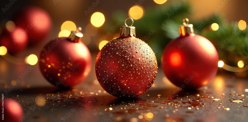 Fototapeta premium Three sparkling golden ornaments on a festive holiday table, luxury, ornaments, shine