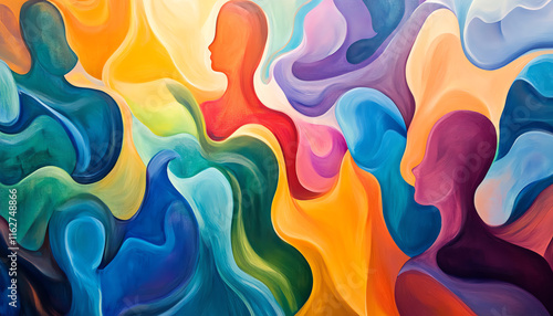 A vibrant abstract painting representing diverse emotions through colorful flowing shapes and human silhouettes.