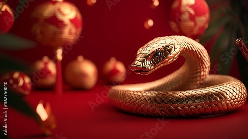 Golden snake wrapped in prosperity-themed Chinese New Year elements