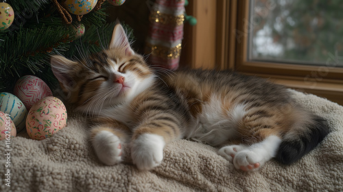 Norwegian Forest cat peacefully sleeping on soft blanket near colorful Easter eggs, exuding sense of calm and comfort in cozy setting photo