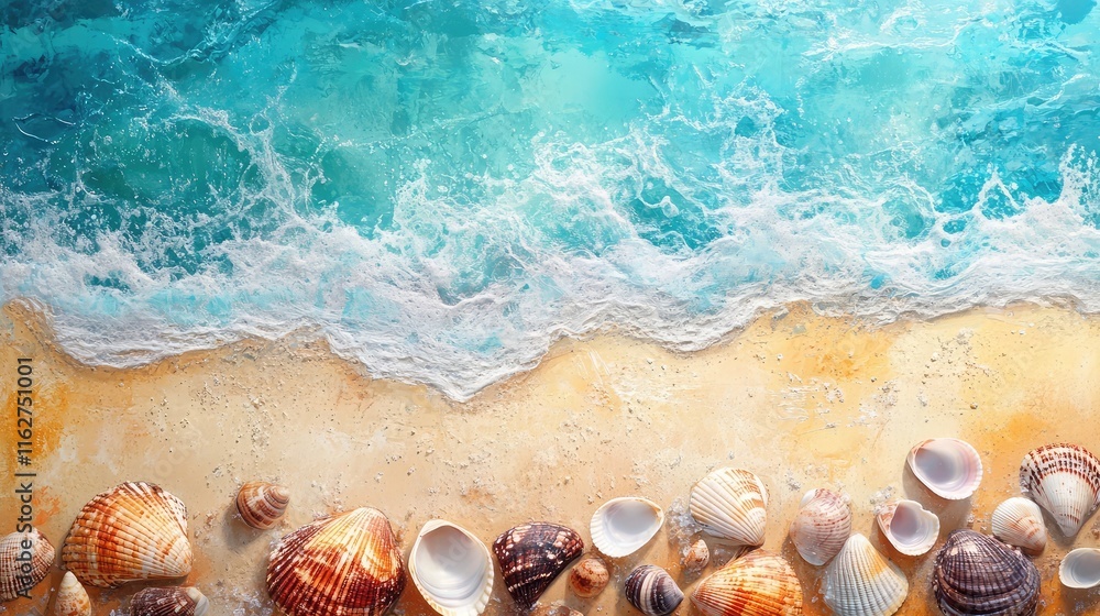 Abstract tropical beach with calming waves and vibrant seashells, ideal for vacation ads Abstract tropical beach with calming waves and vibrant seashells, ideal for vacation ads