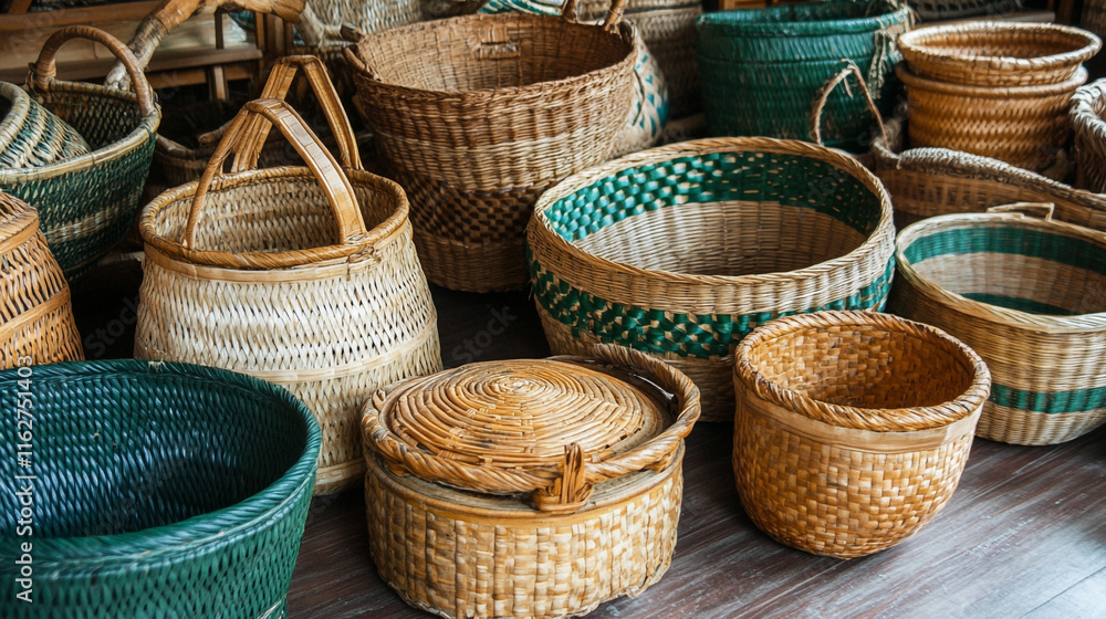 A collection of handwoven baskets of various shapes and sizes arranged on the floor for display. A collection of handwoven baskets of various shapes and sizes arranged on the floor for display.