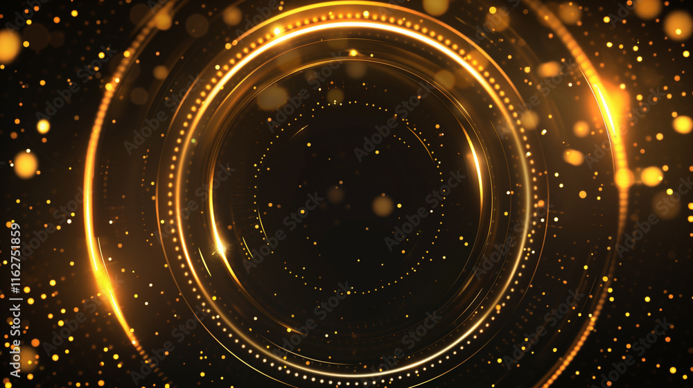 Obraz premium Glowing golden circular design with dynamic light particles and futuristic radial energy lines on a dark background 