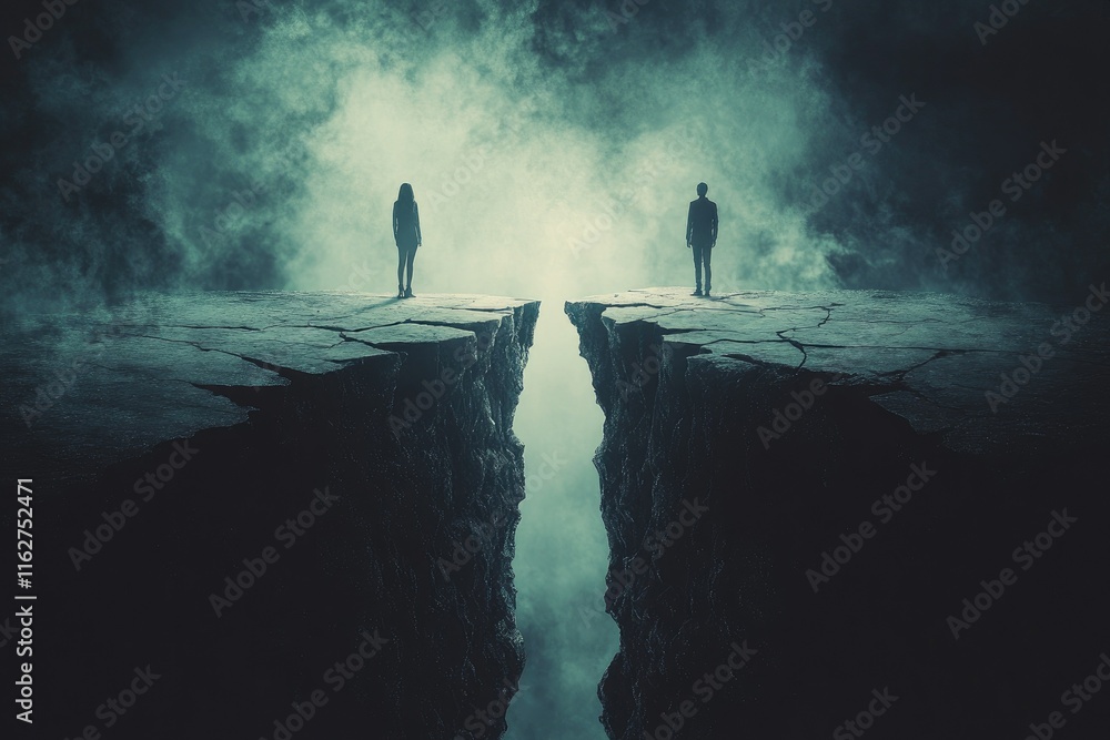 Two people standing on opposite sides of a cracked bridge, with the chasm between them growing as the background fades into darkness,copy space background Two people standing on opposite sides of a cracked bridge, with the chasm between them growing as the background fades into darkness,copy space background