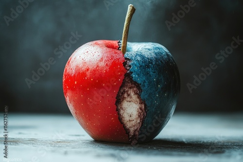 A vivid conceptual image of a relationship as a poisoned apple, with one side vibrant and the other decayed and rotten,copy space background