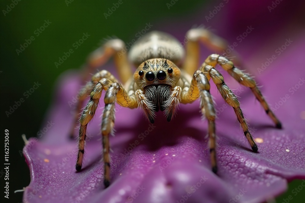 A lynx spider's hairy body blending with the purple yam vine's underside, camouflage, spider A lynx spider's hairy body blending with the purple yam vine's underside, camouflage, spider