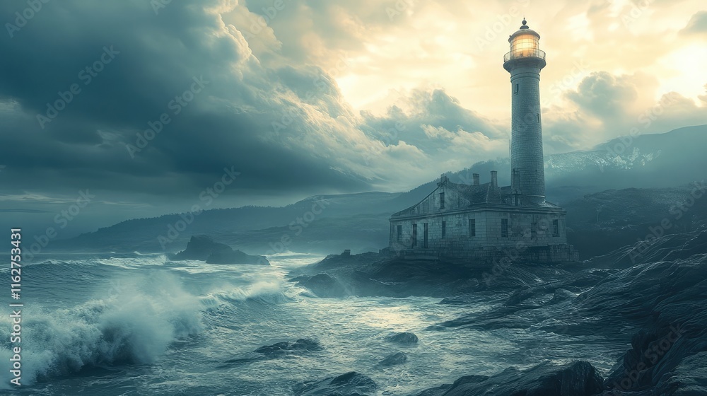 Fototapeta premium An old lighthouse converted into a house, standing tall on a rocky coastline, waves crashing below, 8k, realistic, full ultra HD, high resolution, cinematic photography