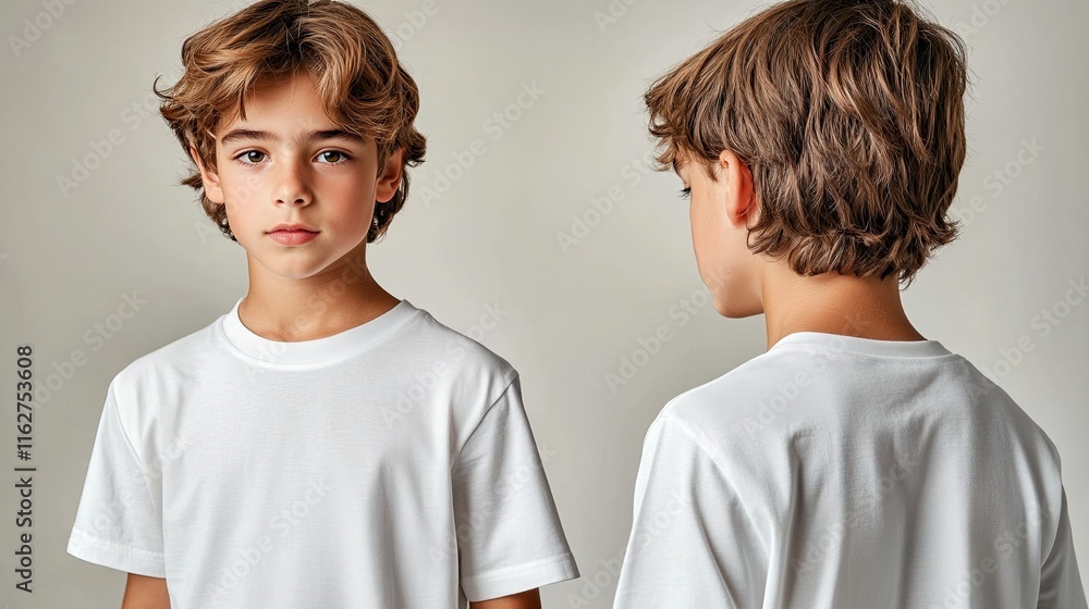 Cheerful Young Boy in White T-shirt – A cheerful boy wearing a plain white t-shirt poses Cheerful Young Boy in White T-shirt – A cheerful boy wearing a plain white t-shirt poses