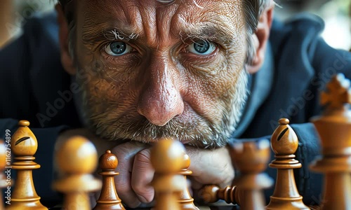 A contemplative elderly man intensely focused on a chessboard in a dramatic close-up photo