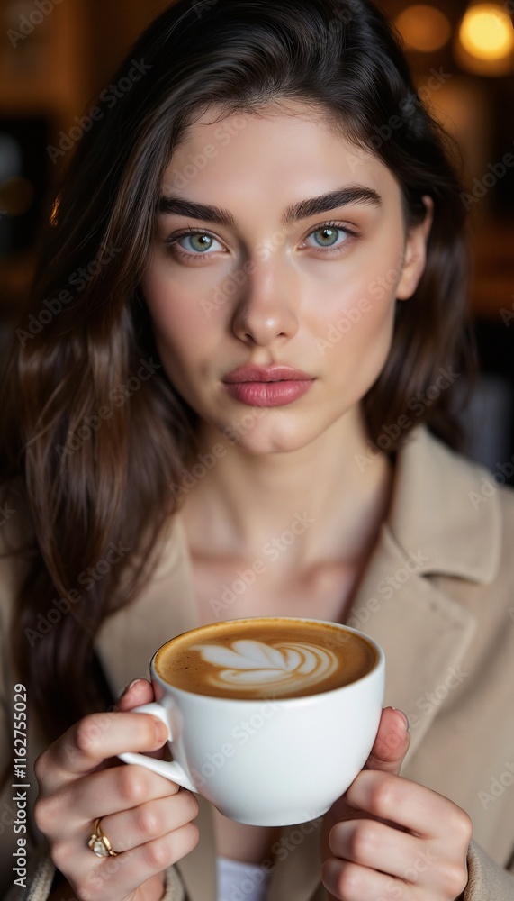 Thoughtful Young Woman Holding Latte in Cozy Cafe Setting Thoughtful Young Woman Holding Latte in Cozy Cafe Setting