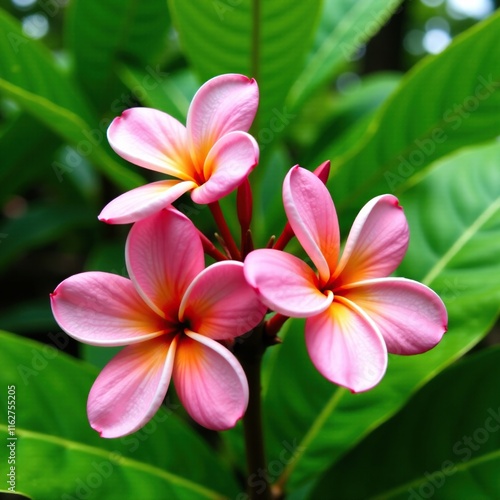 Delicate pink frangipani flowers in a lush green garden, botany, pink frangipani flowers, nature