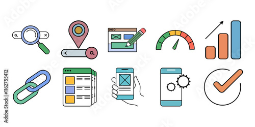 SEO Icons Set: Keyword Research, Backlinking, On-Page SEO, Content Marketing, Site Speed, Analytics, Local SEO, Mobile Optimization, SERP Ranking, User Experience Icons