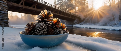 Frosted pinecones arranged in a bowl atop a frost covered bridge spanning a frozen stream bathed in warm golden light photo