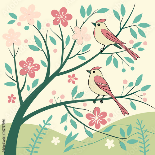 A watercolor pattern featuring spring birds on blooming garden branches, capturing the essence of nature's renewal.