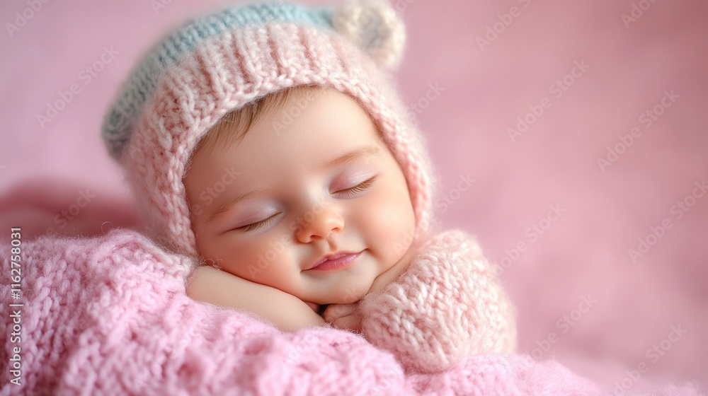 A peaceful sleeping baby in a cozy knitted hat on a soft blanket. A peaceful sleeping baby in a cozy knitted hat on a soft blanket.