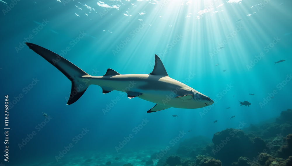 Fototapeta premium Majestic shark gliding through crystal-clear ocean depths under sunlit waves