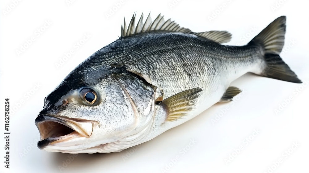 A single freshwater fish is positioned on a clean white surface. The fish displays its natural colors and features, creating ample space for text or design elements A single freshwater fish is positioned on a clean white surface. The fish displays its natural colors and features, creating ample space for text or design elements