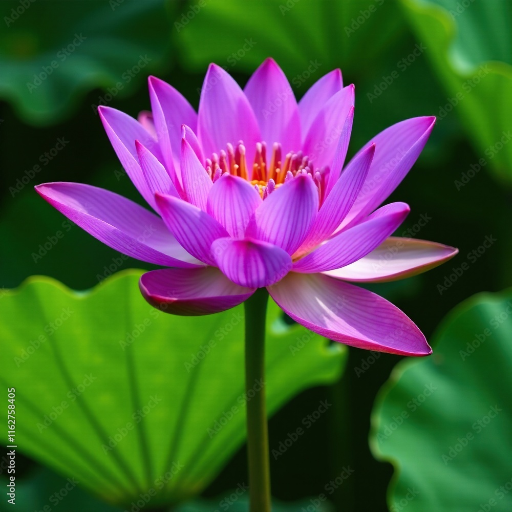 Green leaf covering the base of a majestic purple lotus, garden blooms, nature