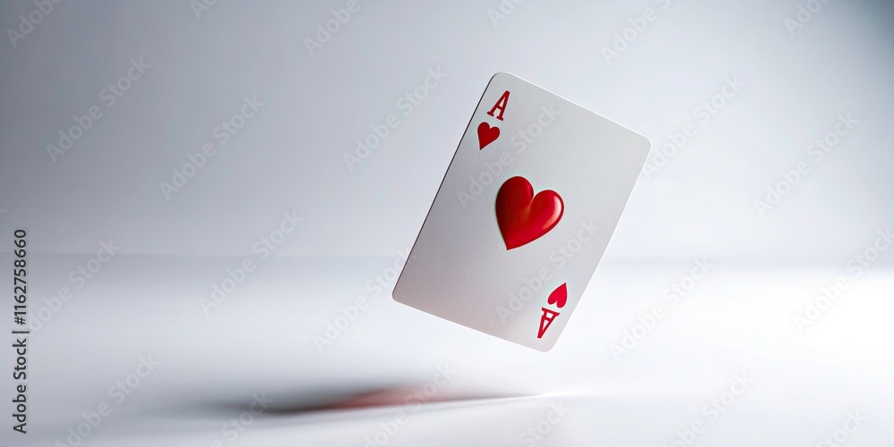Obraz premium Tilt-Shift Photography of Flying Playing Card, Isolated Ace of Hearts for Poker and Gambling, Ideal for Casino Themes and Game Promotions, Vibrant Colors on White Background