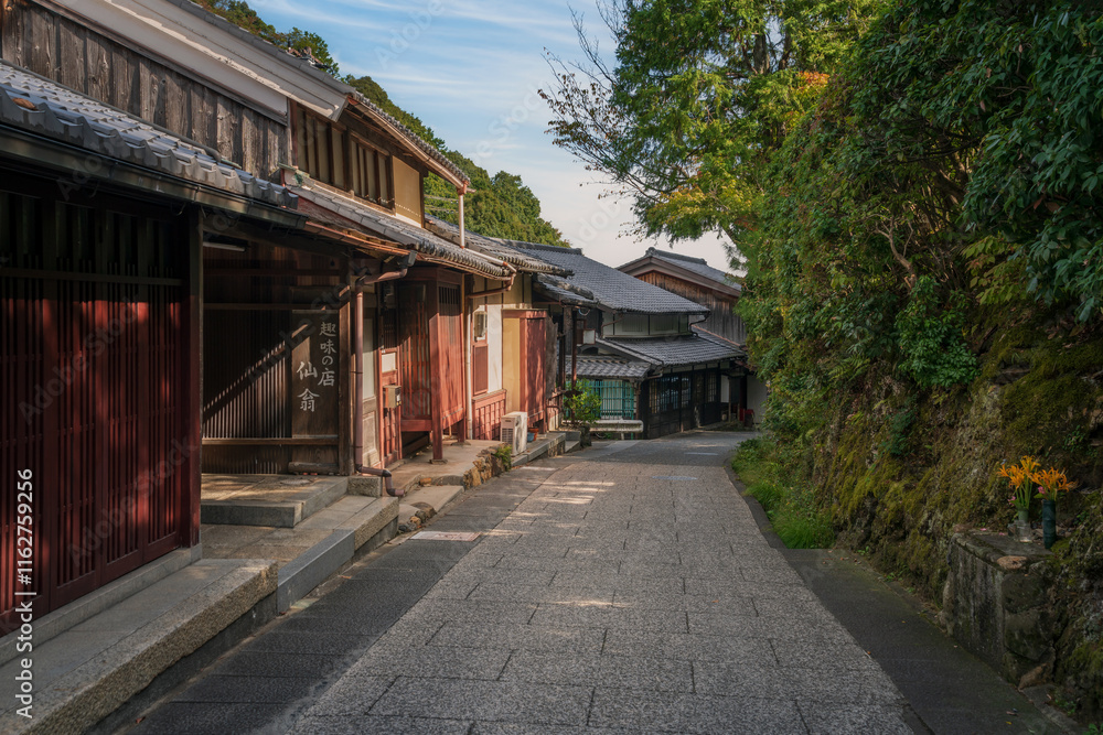 Saga Toriimoto Preserved Street, built up with the traditional machi-ya of the Meiji period on a sunny autumn day, Kyoto, Japan Saga Toriimoto Preserved Street, built up with the traditional machi-ya of the Meiji period on a sunny autumn day, Kyoto, Japan
